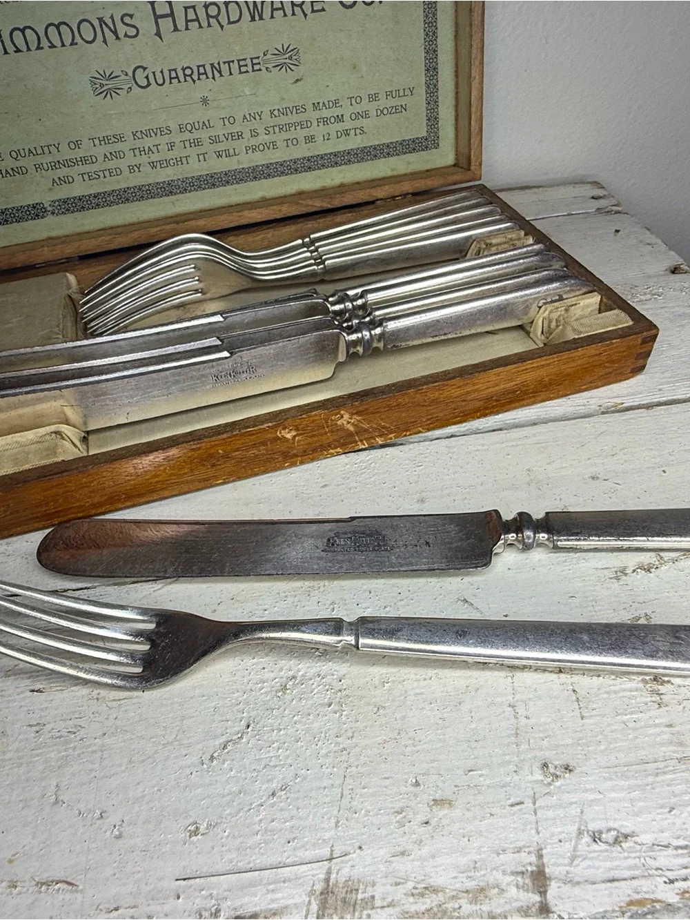 Vintage E.C. Simmons Keen Kutter No. 12 Pc Fork Knife Silverware Set w/ Wood Box